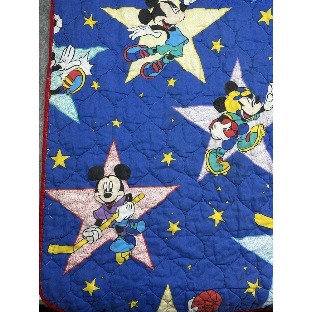 Vintage Disney Mickey Mouse Sports Quilted Crib Blanket 52x39 Blue Stars